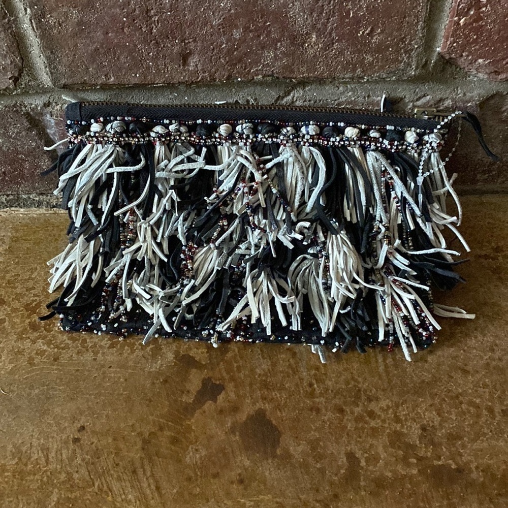 Leather fringe beaded boho zipper top clutch‎ bag